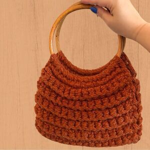 Vintage rust coloured wool knit hand bag with bamboo handles